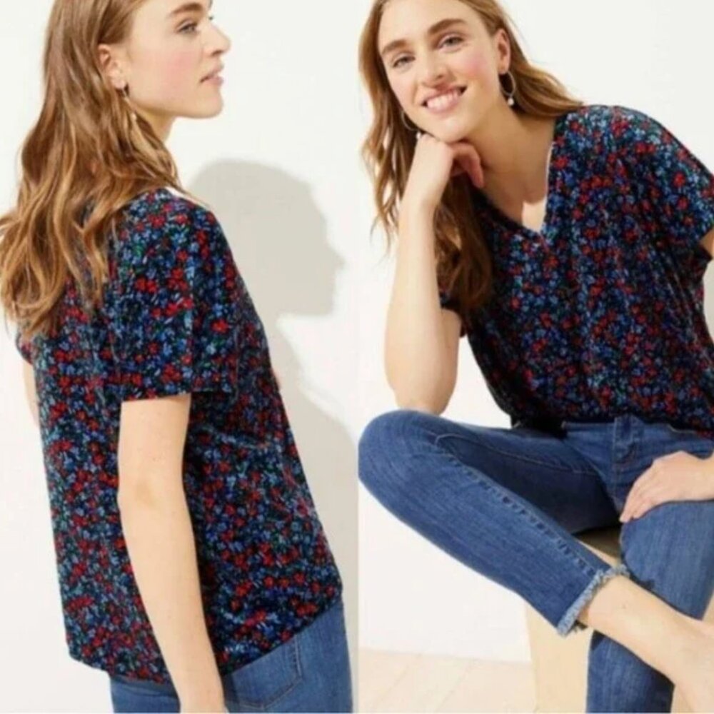 Loft Floral Velour V-neck Blouse Shirt Size S